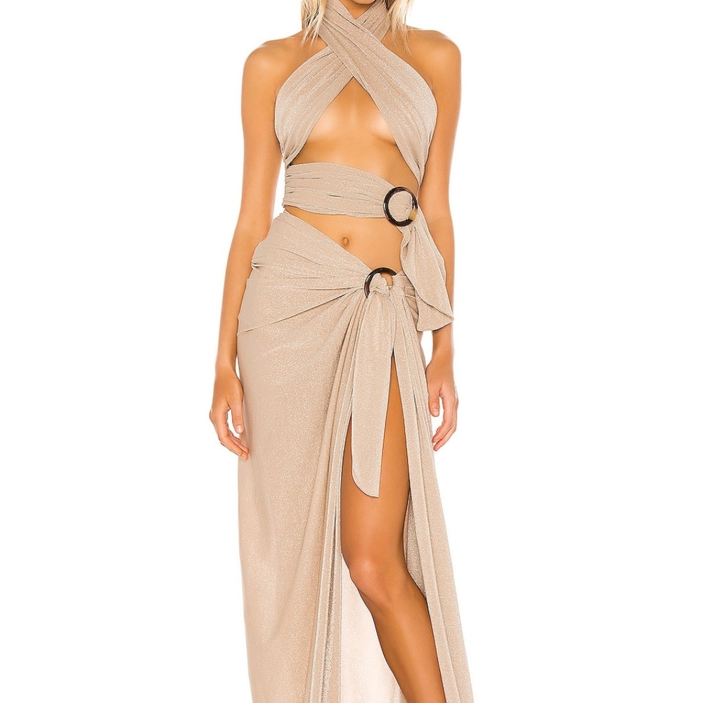 Bronx and Banco Cleopatra Beige Sand Halter Cutout Dress